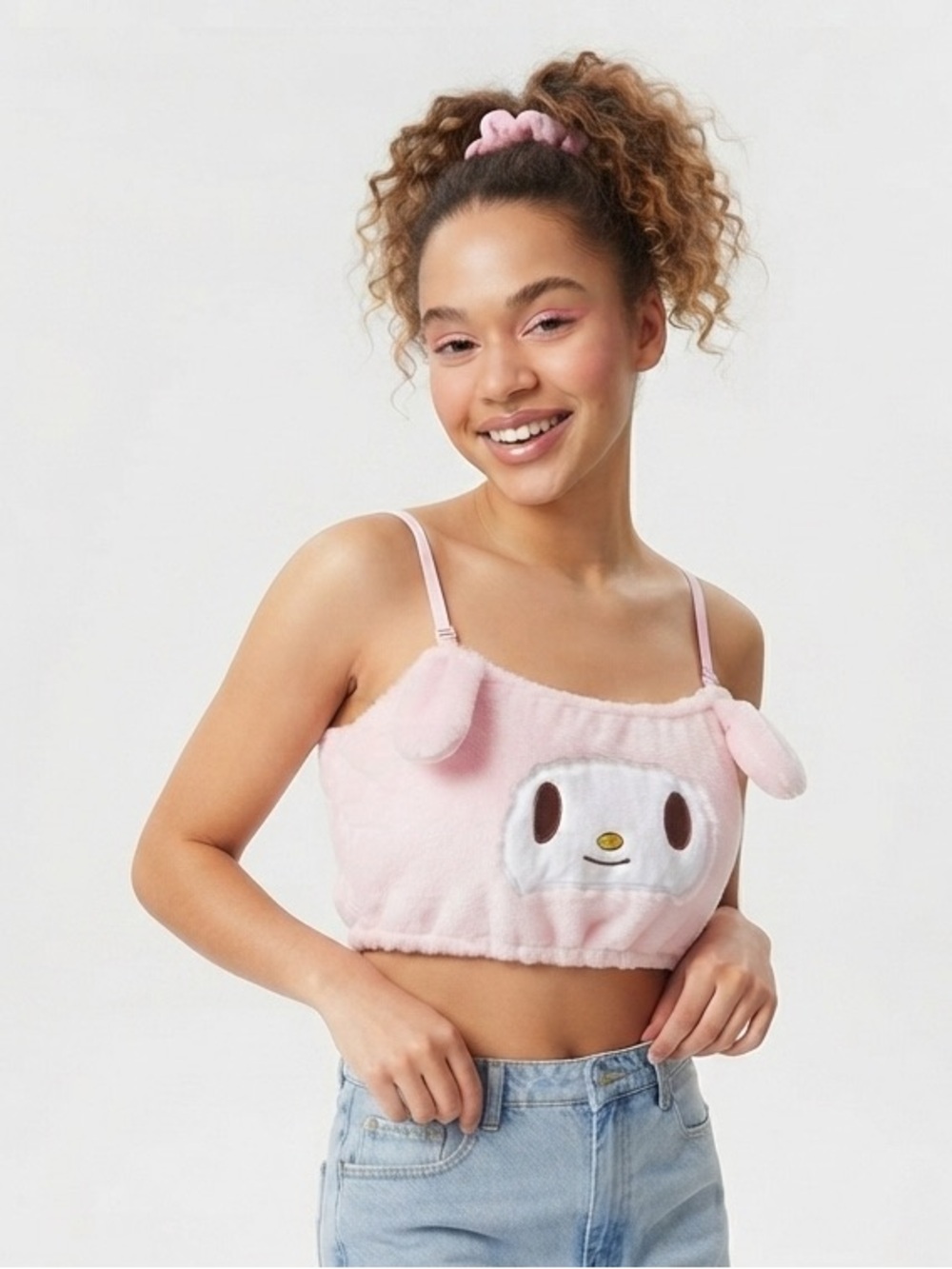 Y2K Sanrio My Melody Fuzzy Pink Character crop 3D Bunny Ears Size XXL Streetwear